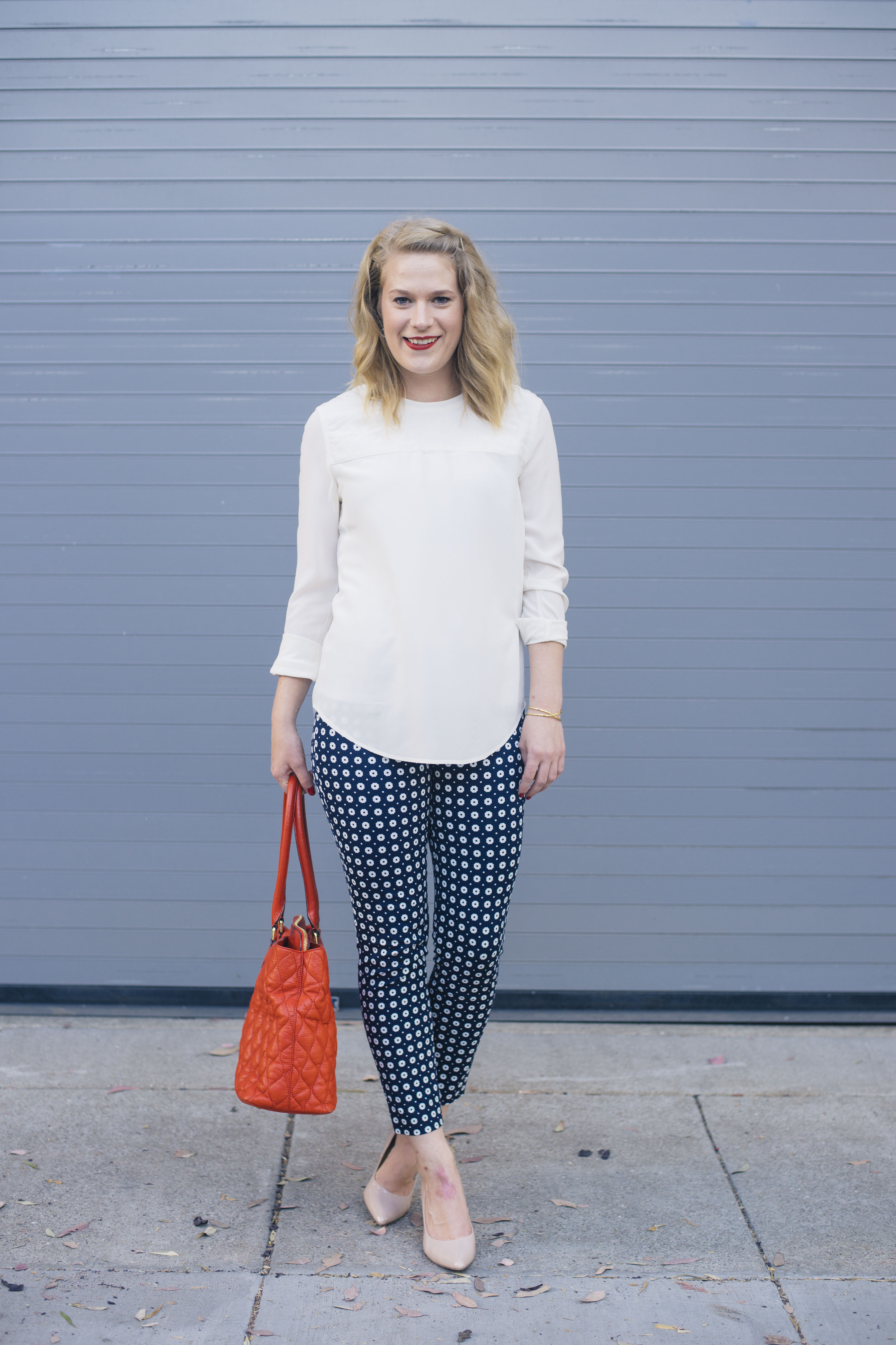 Navy Patterned J. Crew Pants with Silk Madewell Top & Vera Bradley Bag.