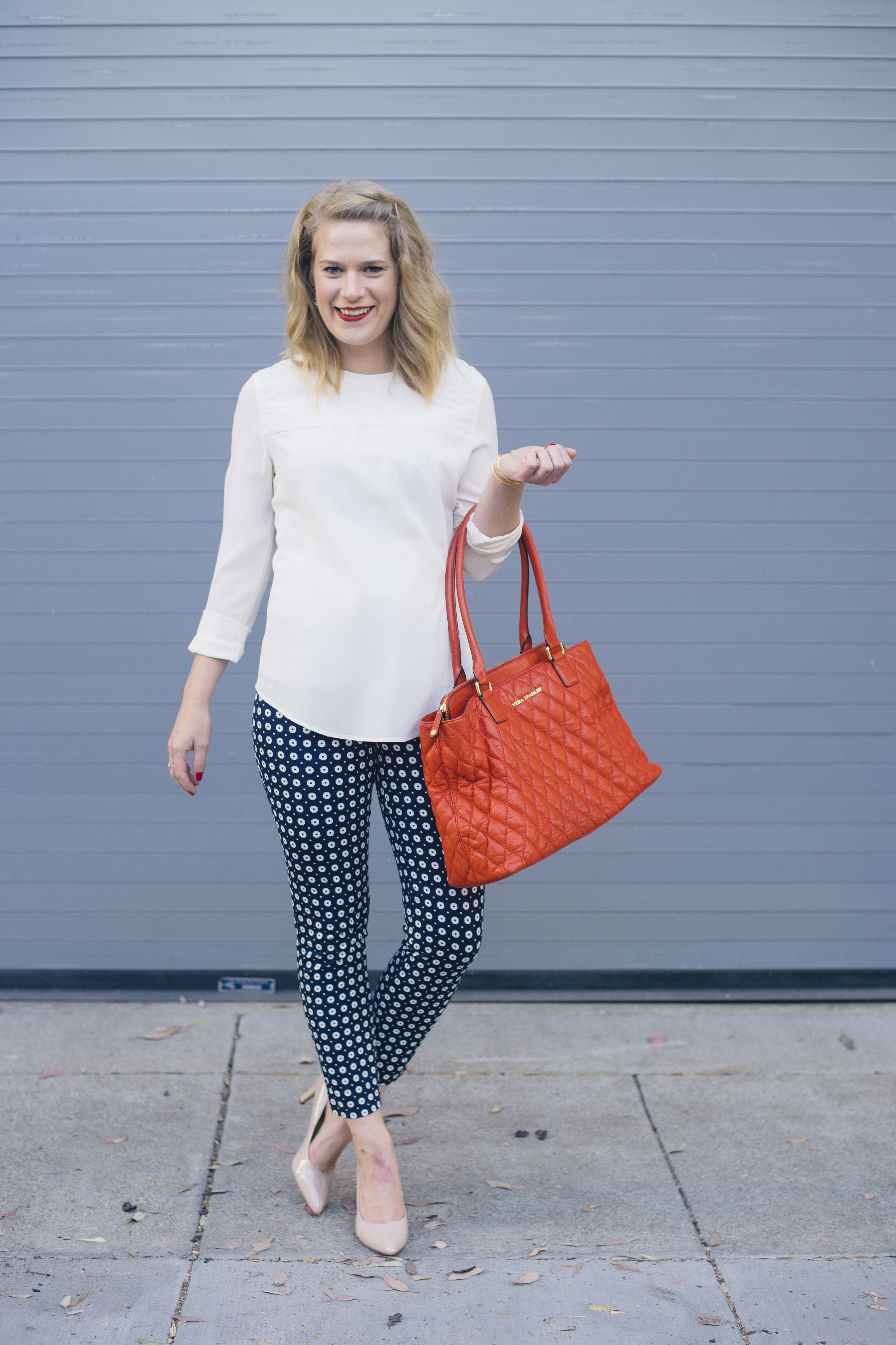 Navy Patterned J. Crew Pants with Silk Madewell Top & Vera Bradley Bag.