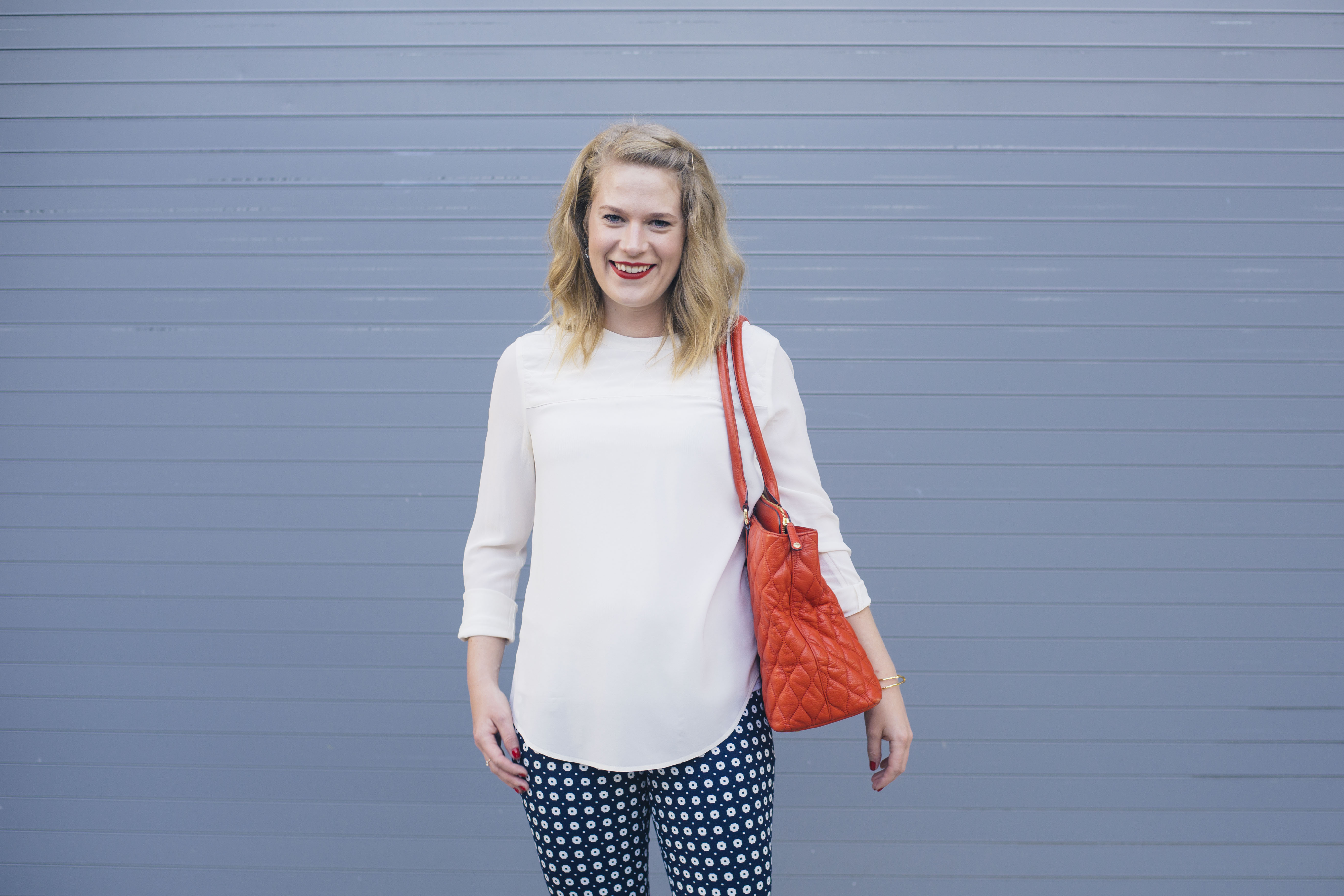 Navy Patterned J. Crew Pants with Silk Madewell Top & Vera Bradley Bag.