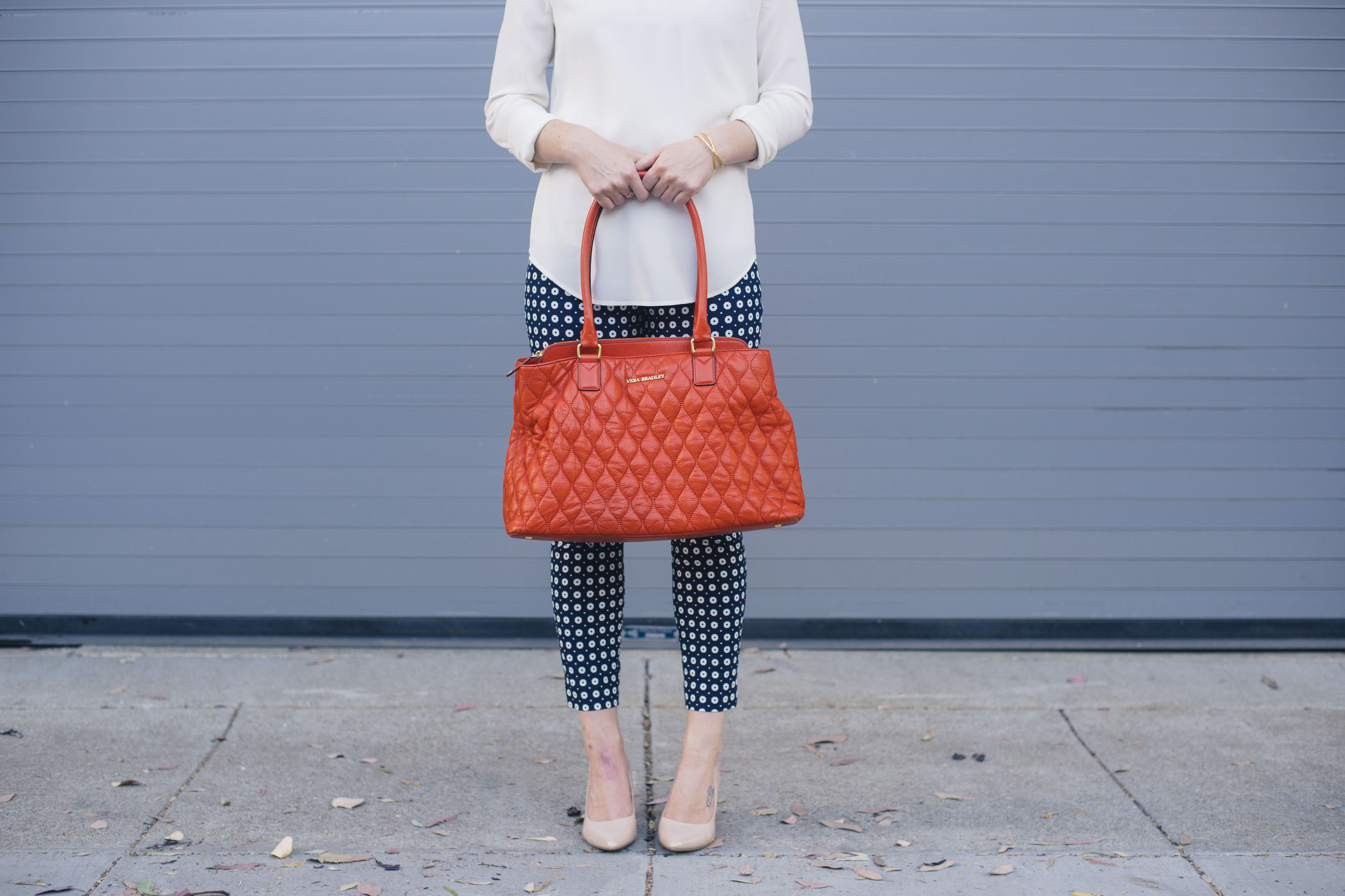 Navy Patterned J. Crew Pants with Silk Madewell Top & Vera Bradley Bag.