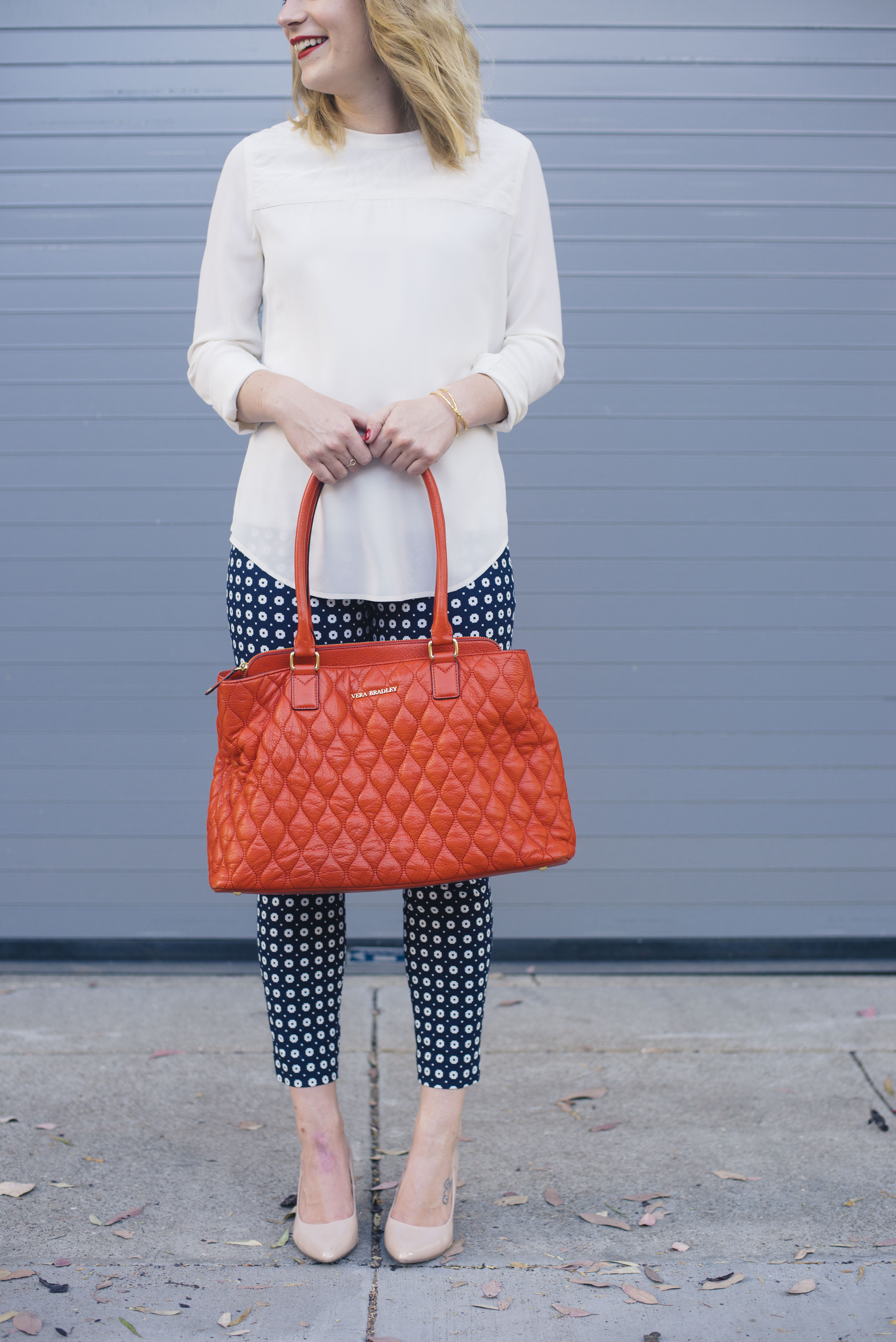 Navy Patterned J. Crew Pants with Silk Madewell Top & Vera Bradley Bag.