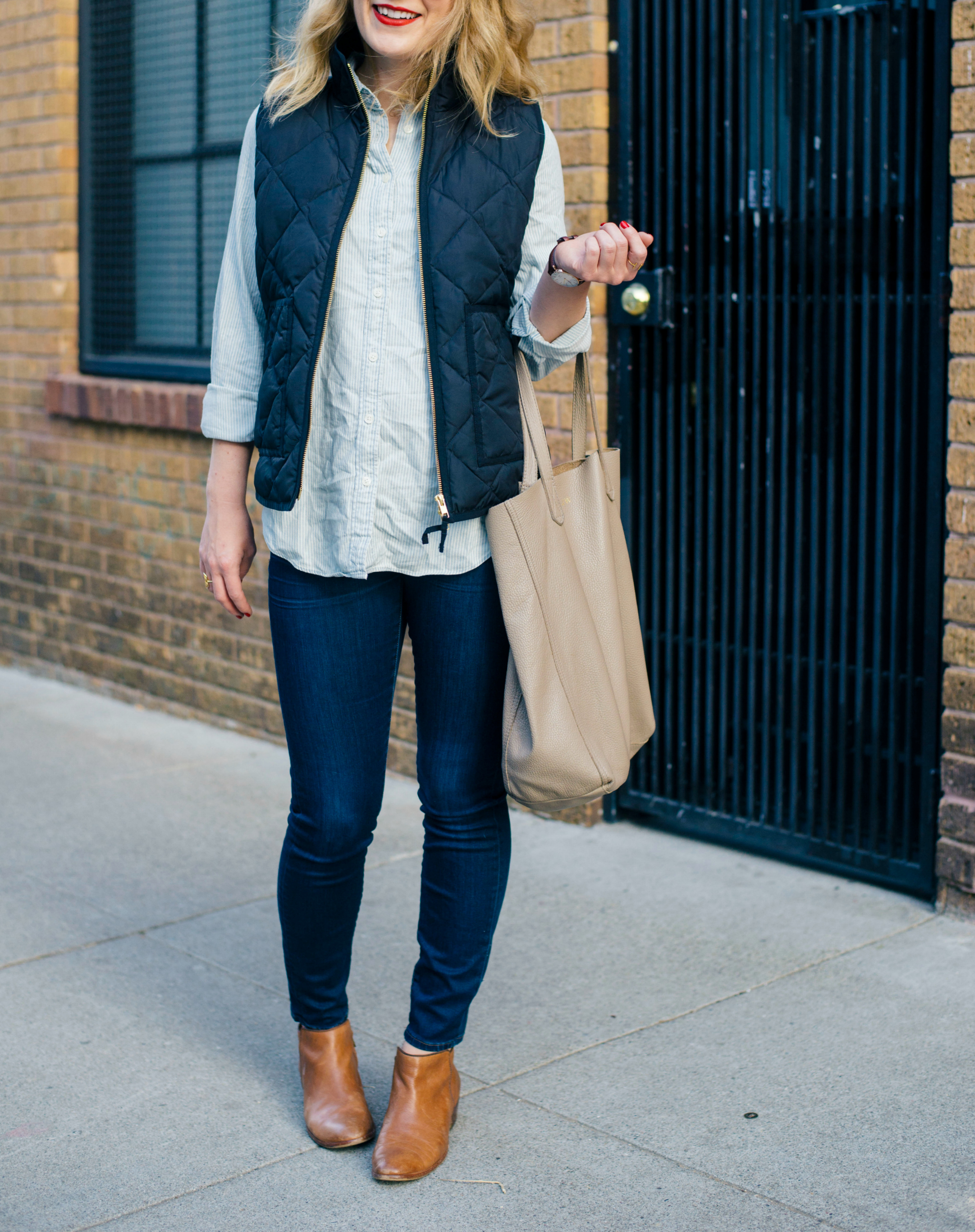 J. Crew chambray denim dress, utility vest, olive green, popped