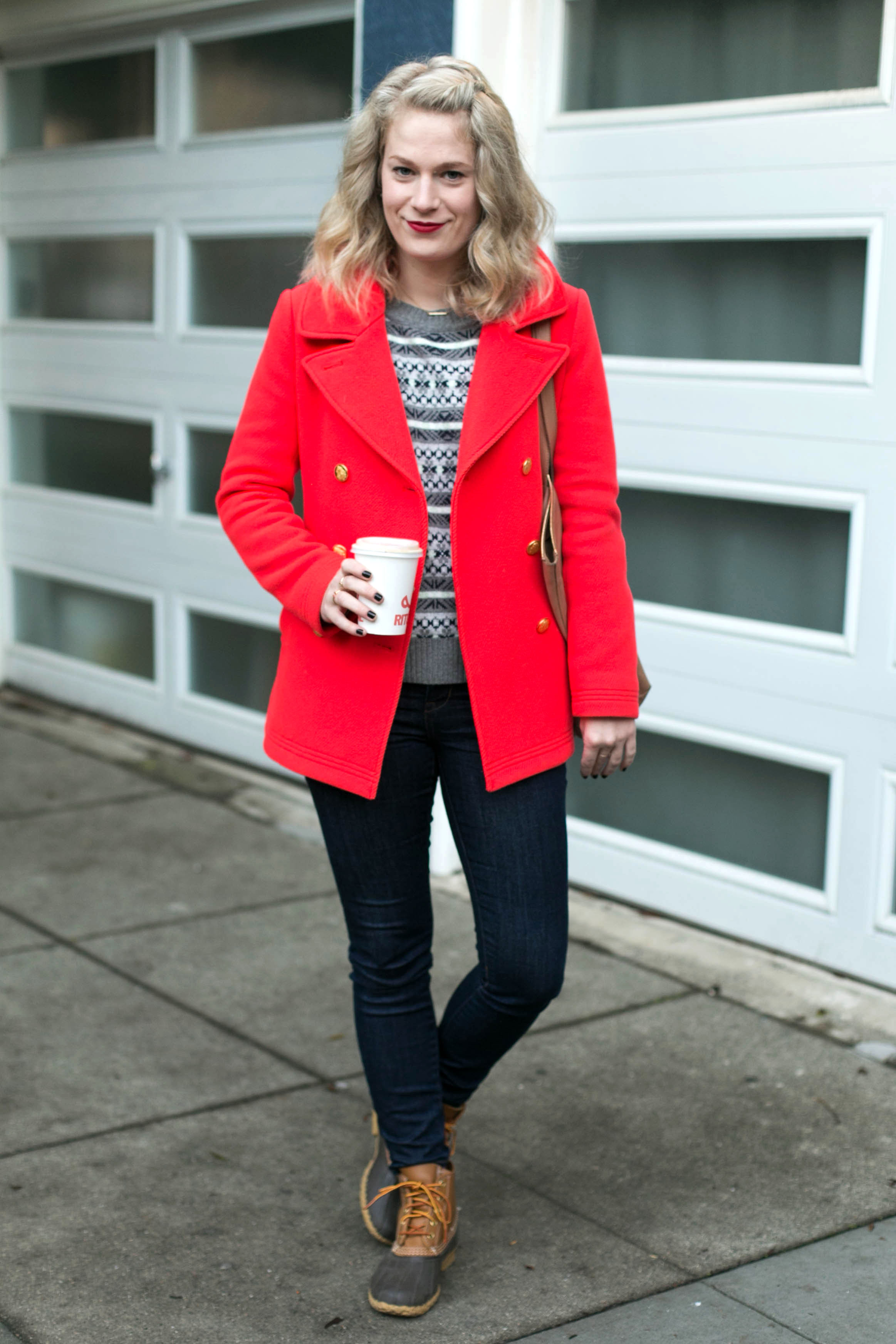 J. Crew Fair Isle Sweater with a Pop of Red & Bean Boots.