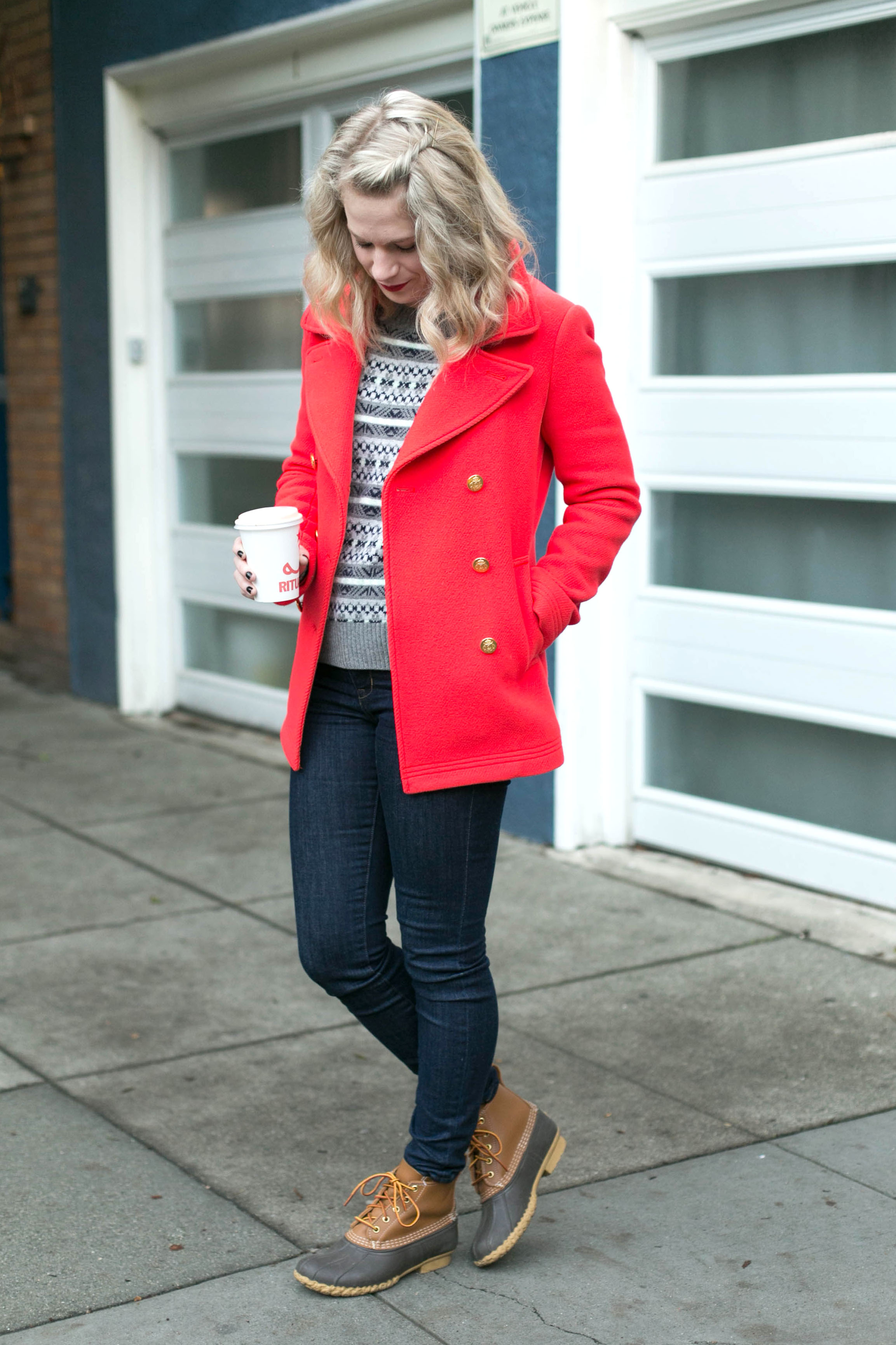 J. Crew Fair Isle Sweater with a Pop of Red & Bean Boots.