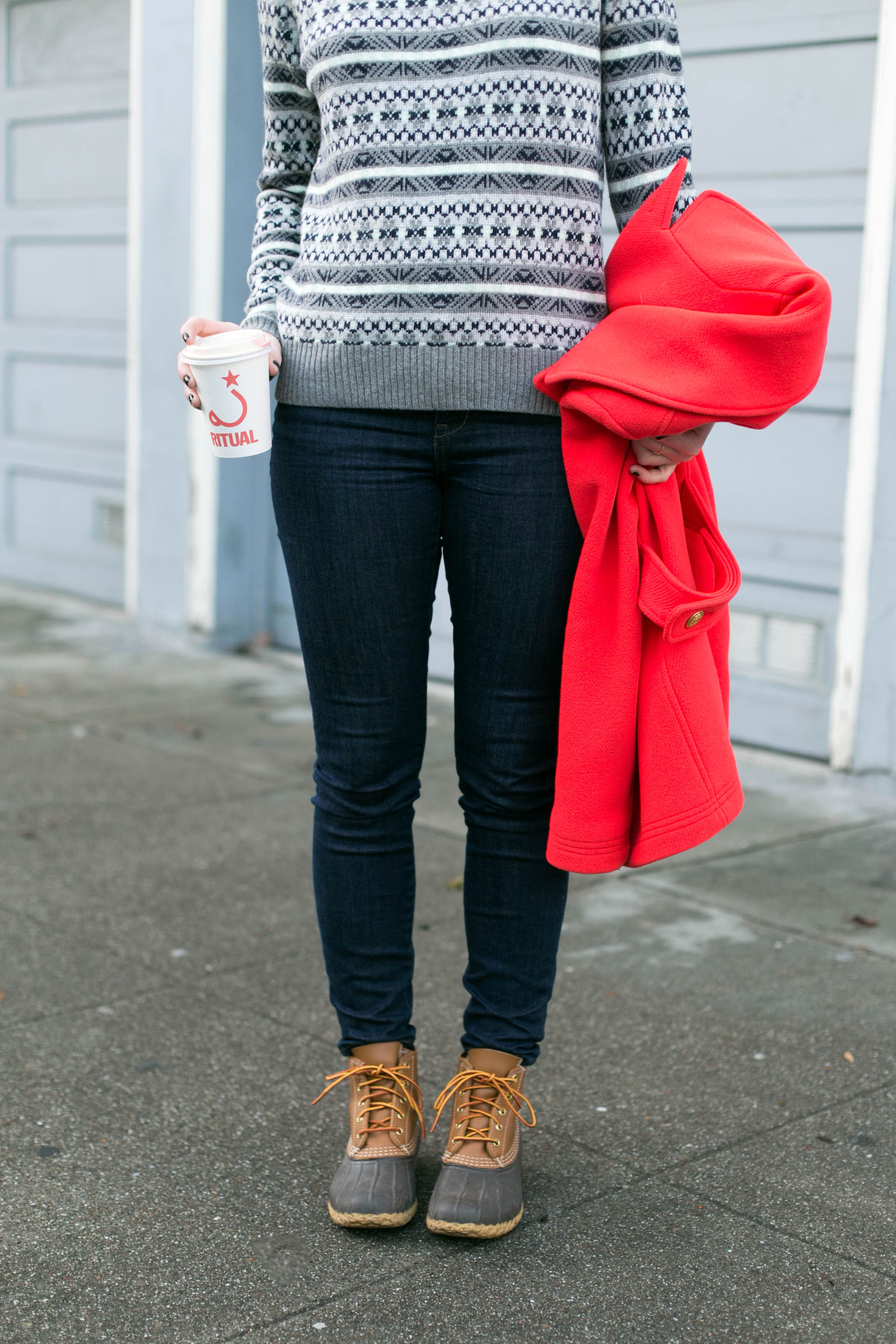 J. Crew Fair Isle Sweater with a Pop of Red & Bean Boots.