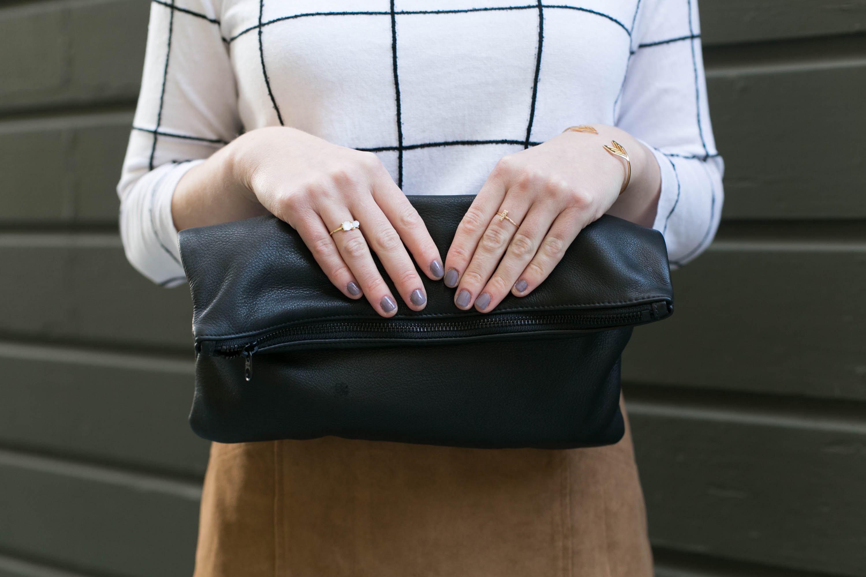 Suede Skirt with Windowpane Sweater & Black Ankle Boots.