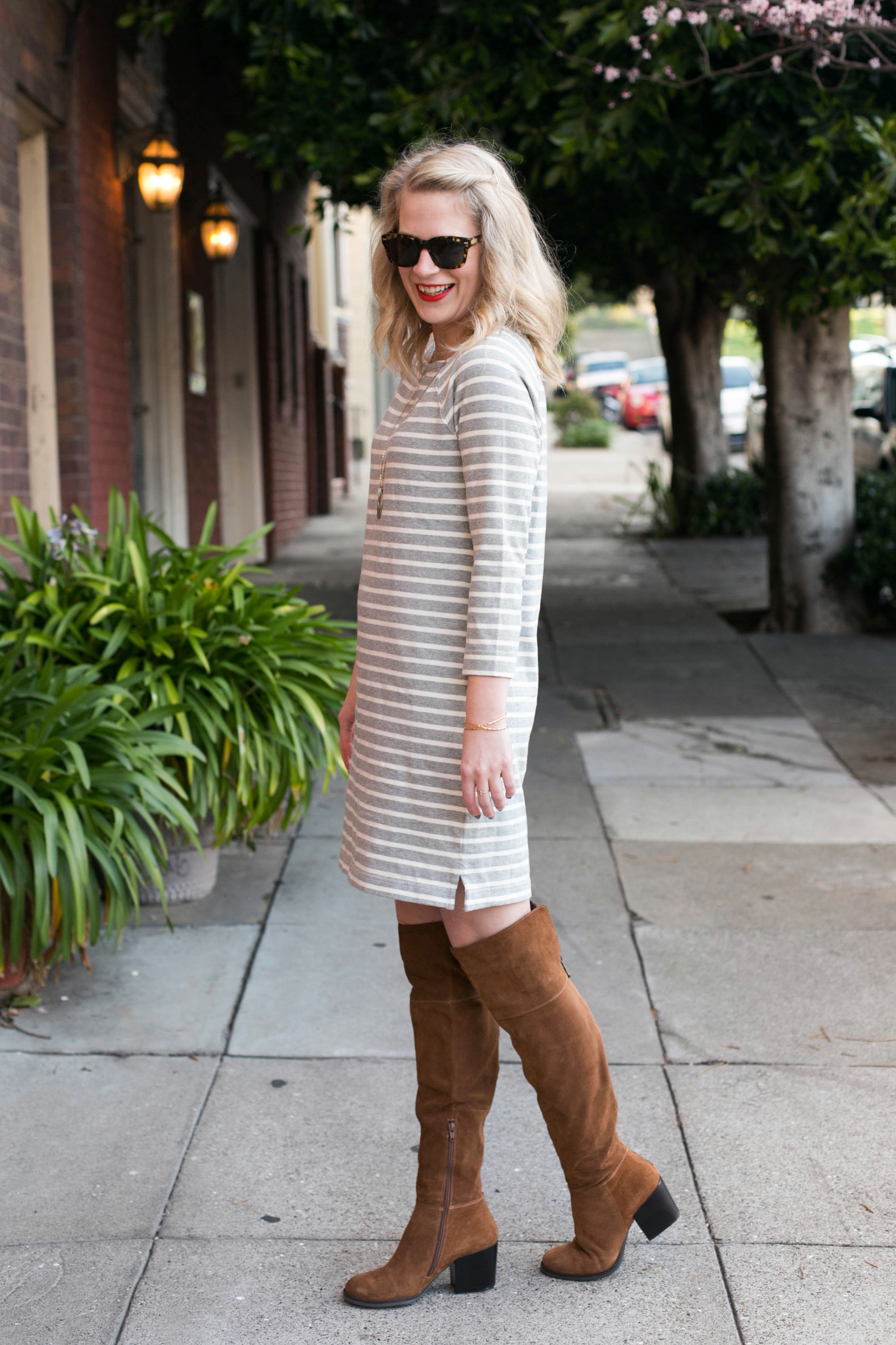 GAP Striped Dress with Steve Madden Over the Knee Boots.