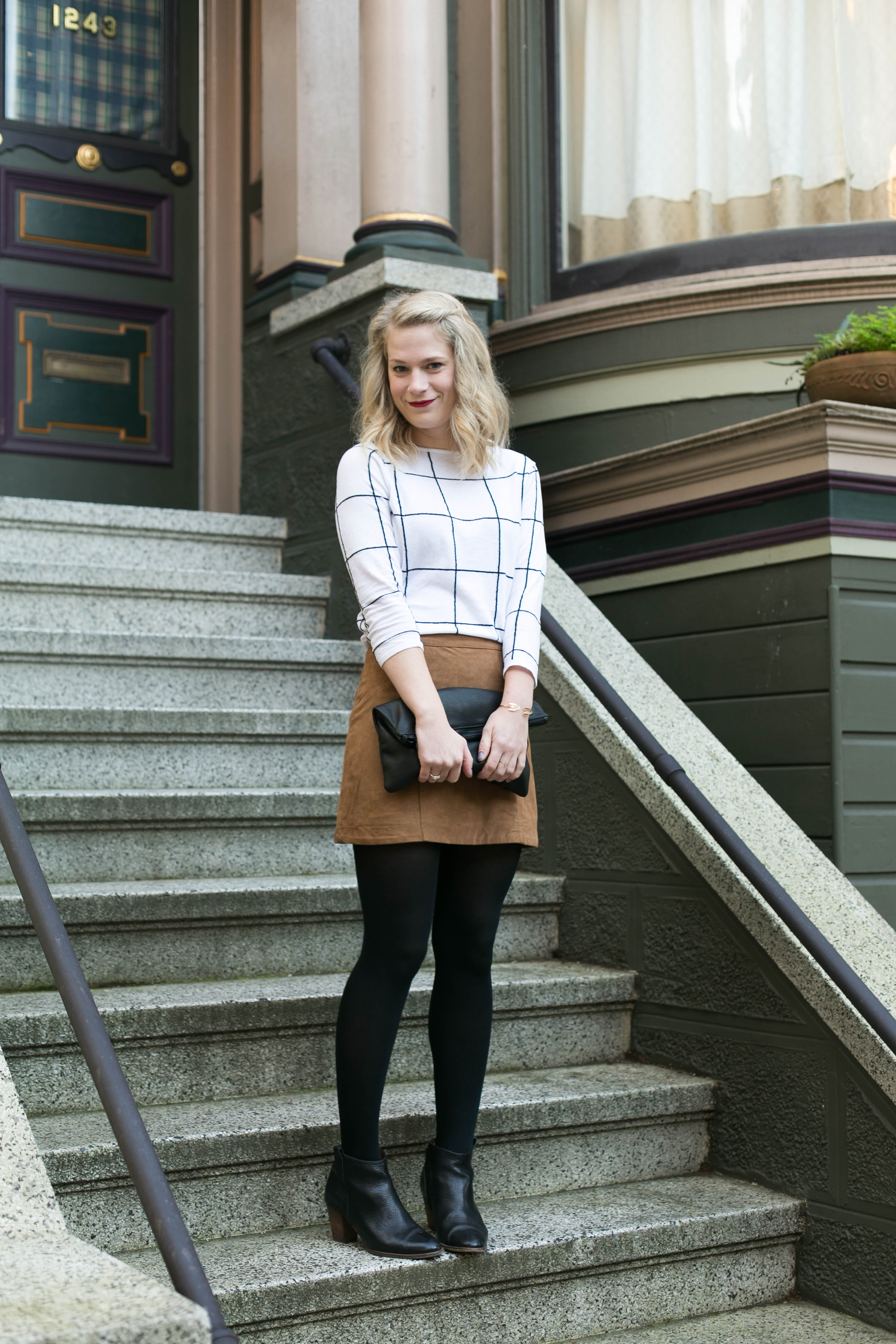 Suede Skirt with Windowpane Sweater & Black Ankle Boots.