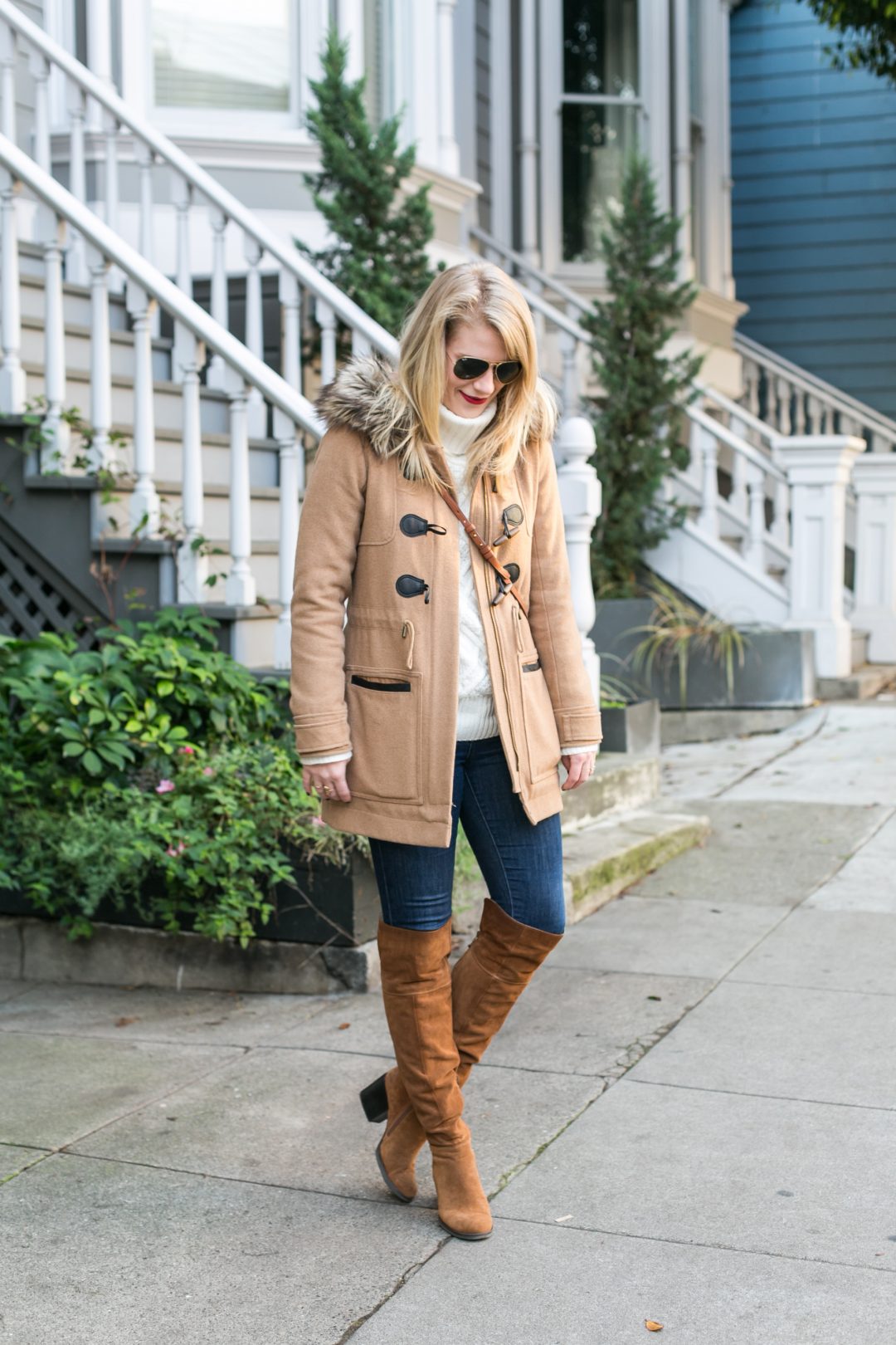 Cream Turtleneck & Camel Coat.